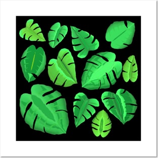 Monstera Plant Leaf Pattern (Black Background) Posters and Art